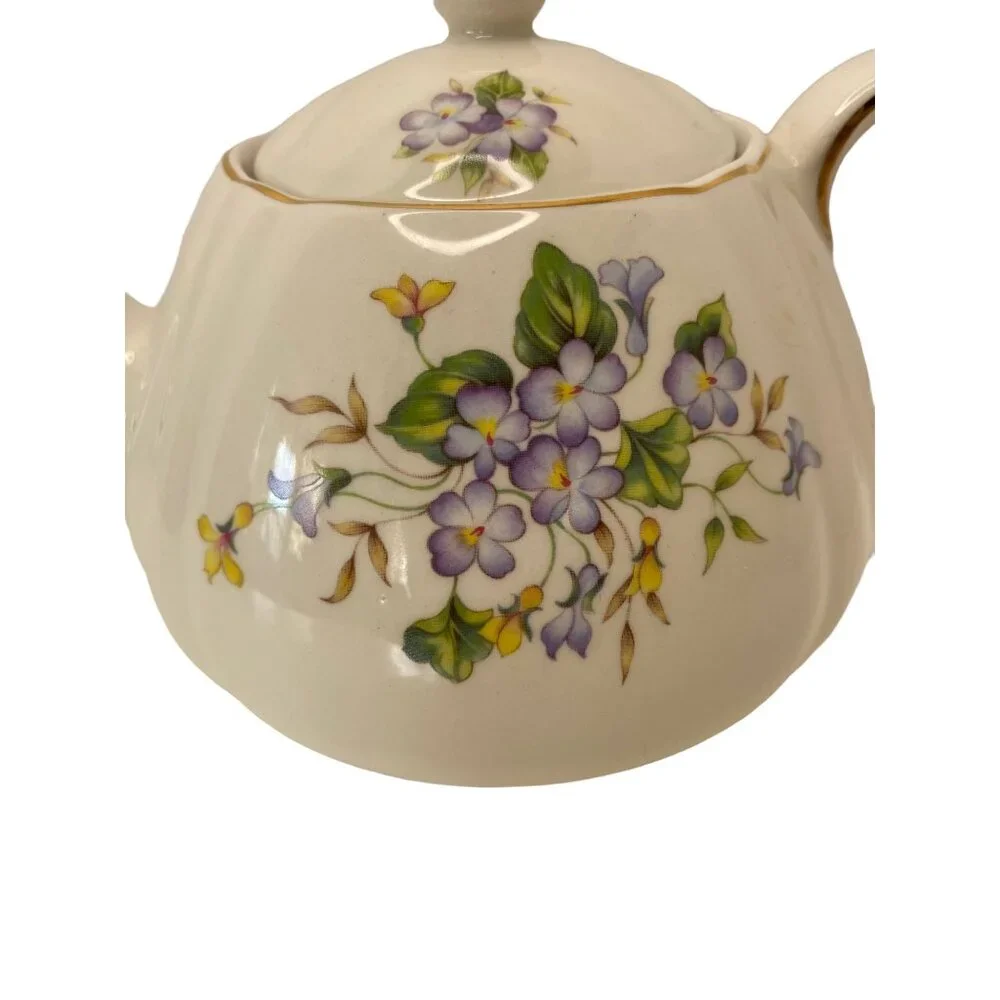 England‎ violet ceramic teapot with lid gilded gold trim rounded floral 6